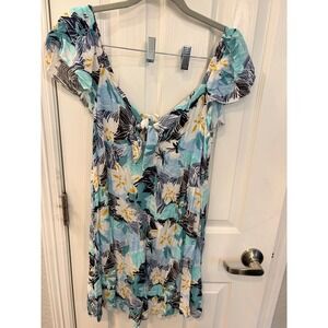 Roxy Mini Dress Blue Tropical Floral Tie Front Smocked Back Summer Sun Dress